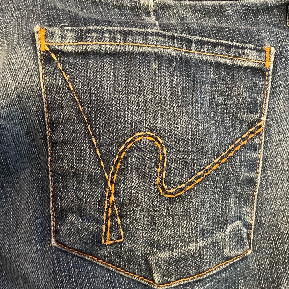 Citizens flare denim jean low rise distressed with thick custom hem great cond.